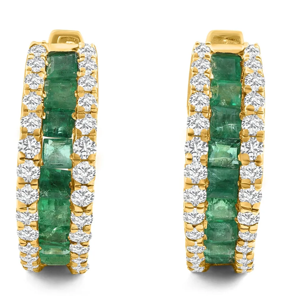 1 3/4Ct TW Princess Cut Emerald Hoops 10k Yellow Gold Women's Earrings 3/4" Tall