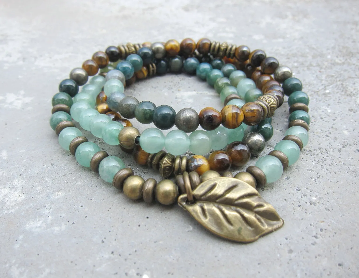 108 Bead Mala in Tiger Eye, Moss Agate Necklace - Abundance and Prosperity (convertible to Bracelet)