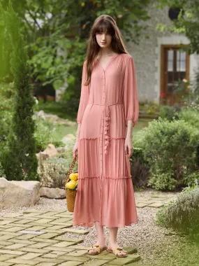 12 Momme Mulberry Silk Tiered Women Maxi Dress With Belt And Bottomed Spaghetti Strap Dress