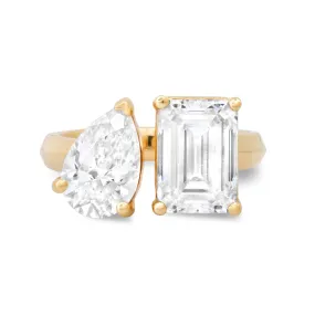 14K & 18K Gold Emerald Cut and Pear Cut Double Diamond Ring, Lab Grown