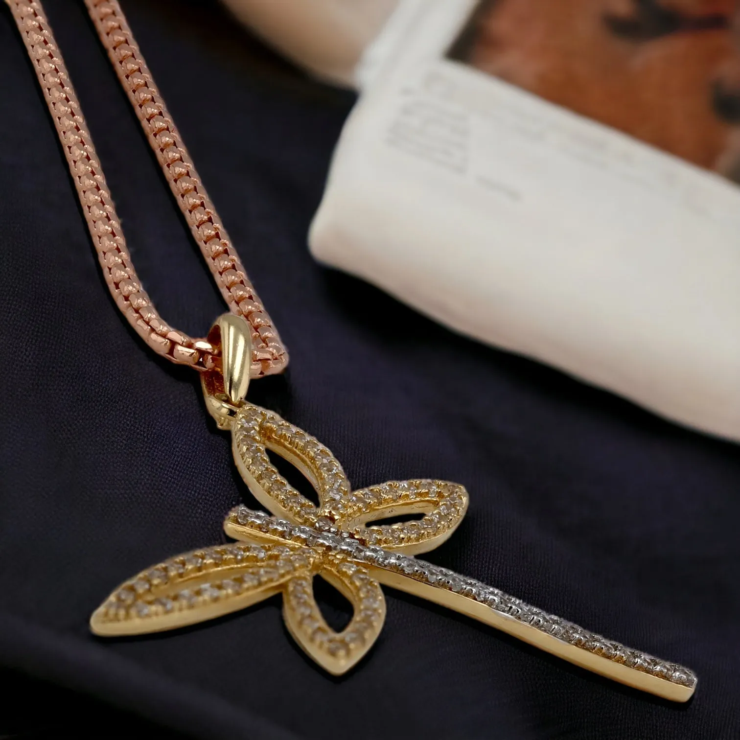 14K rose solid gold dragonfly necklace-224530