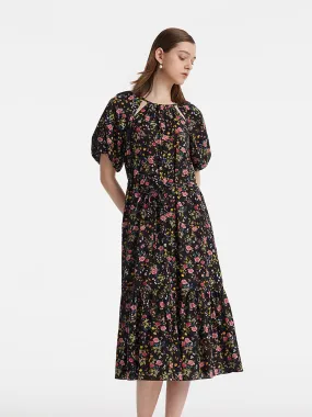 16 Momme Mulberry Silk Cut-Out Rose Printed Women Midi Dress