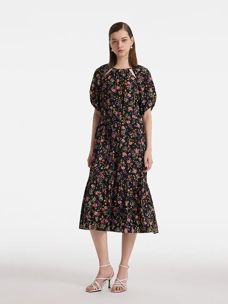 16 Momme Mulberry Silk Cut-Out Rose Printed Women Midi Dress