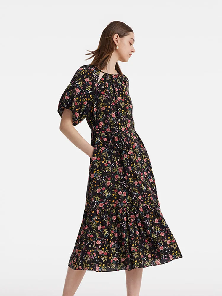 16 Momme Mulberry Silk Cut-Out Rose Printed Women Midi Dress