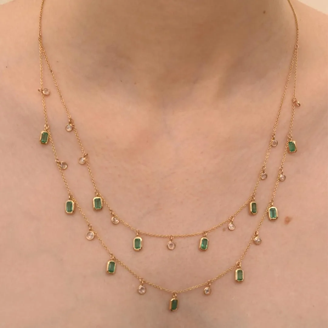 18K Emerald and Diamond Station Charm Necklace