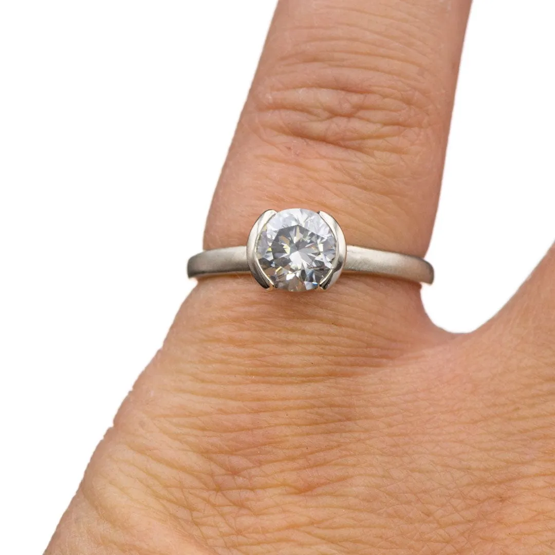 1ct Round Gray Moissanite Half Bezel Halley Solitaire 14k White Gold Engagement Ring, Ready to Ship