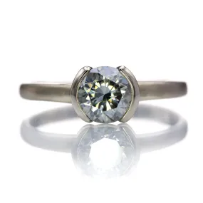 1ct Round Gray Moissanite Half Bezel Halley Solitaire 14k White Gold Engagement Ring, Ready to Ship