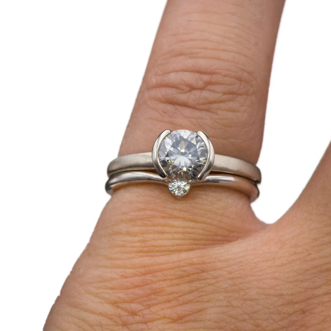 1ct Round Gray Moissanite Half Bezel Halley Solitaire 14k White Gold Engagement Ring, Ready to Ship