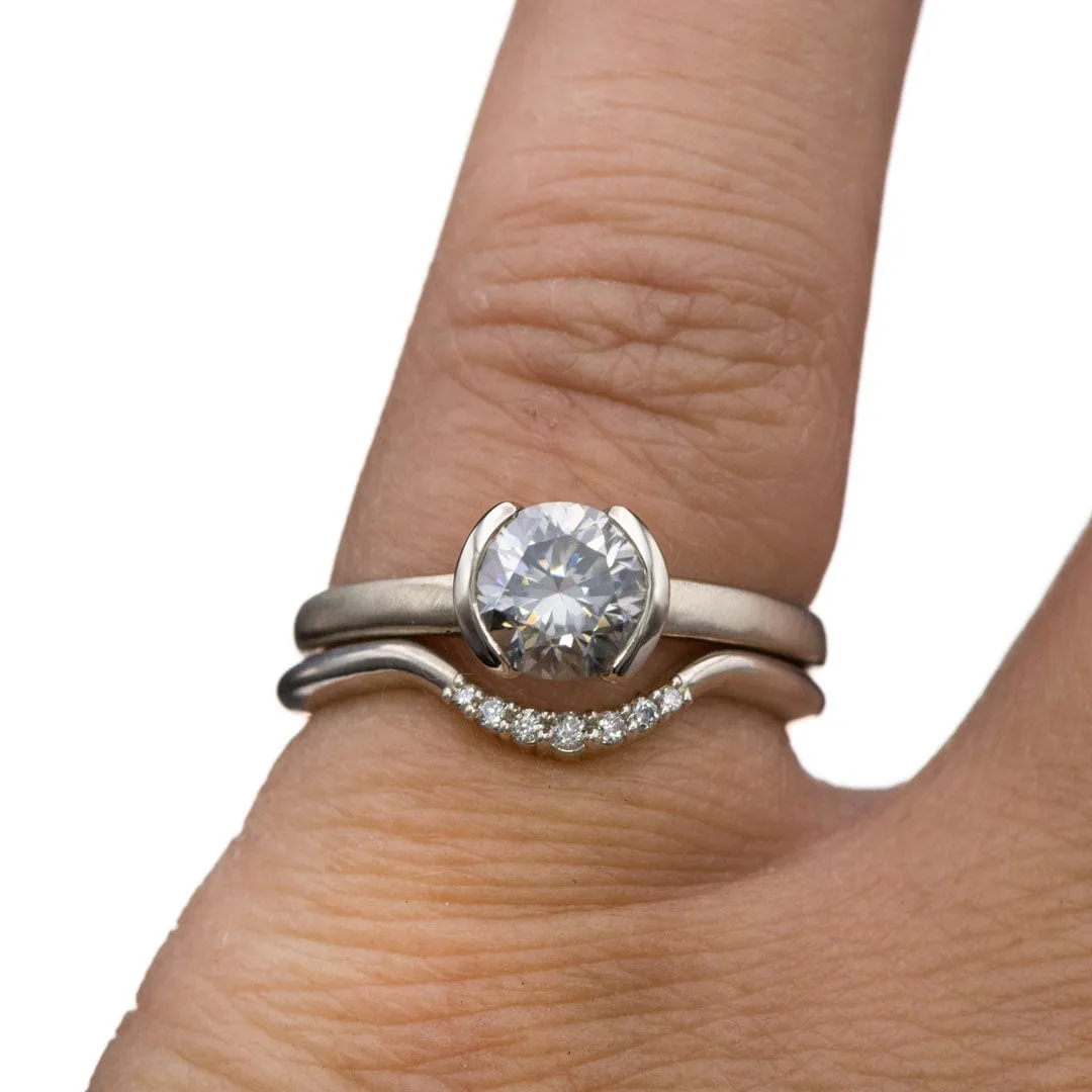 1ct Round Gray Moissanite Half Bezel Halley Solitaire 14k White Gold Engagement Ring, Ready to Ship