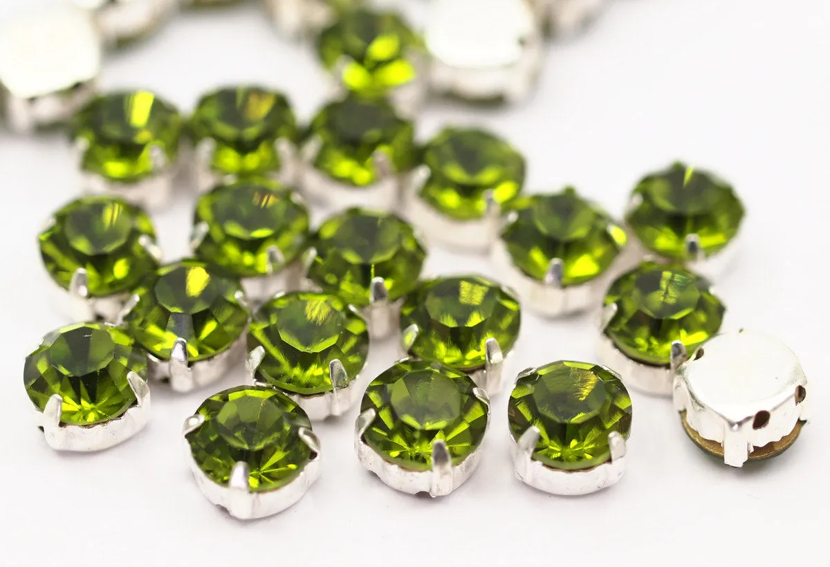 20 Ss38 Peridot Chaton Sew On Rhinestone Silver Plated Brass Prong Setting 4 Hole Slider 8.2mm  K358