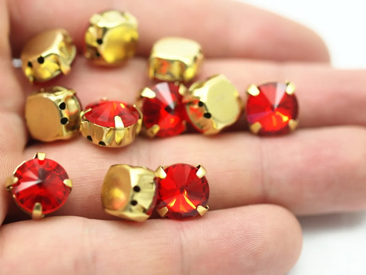 20 Ss47 Light Siam Rivoli Sew On Rhinestone Raw Brass Prong Setting 4 Hole Slider 10 Mm Ss-47