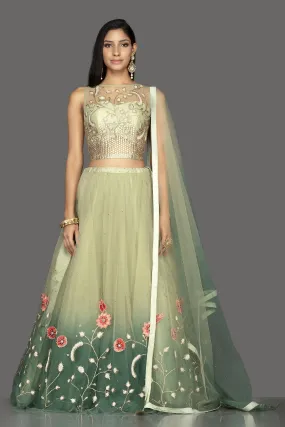 300466 Ombre Green Embroidered Net Lehenga with Dupatta