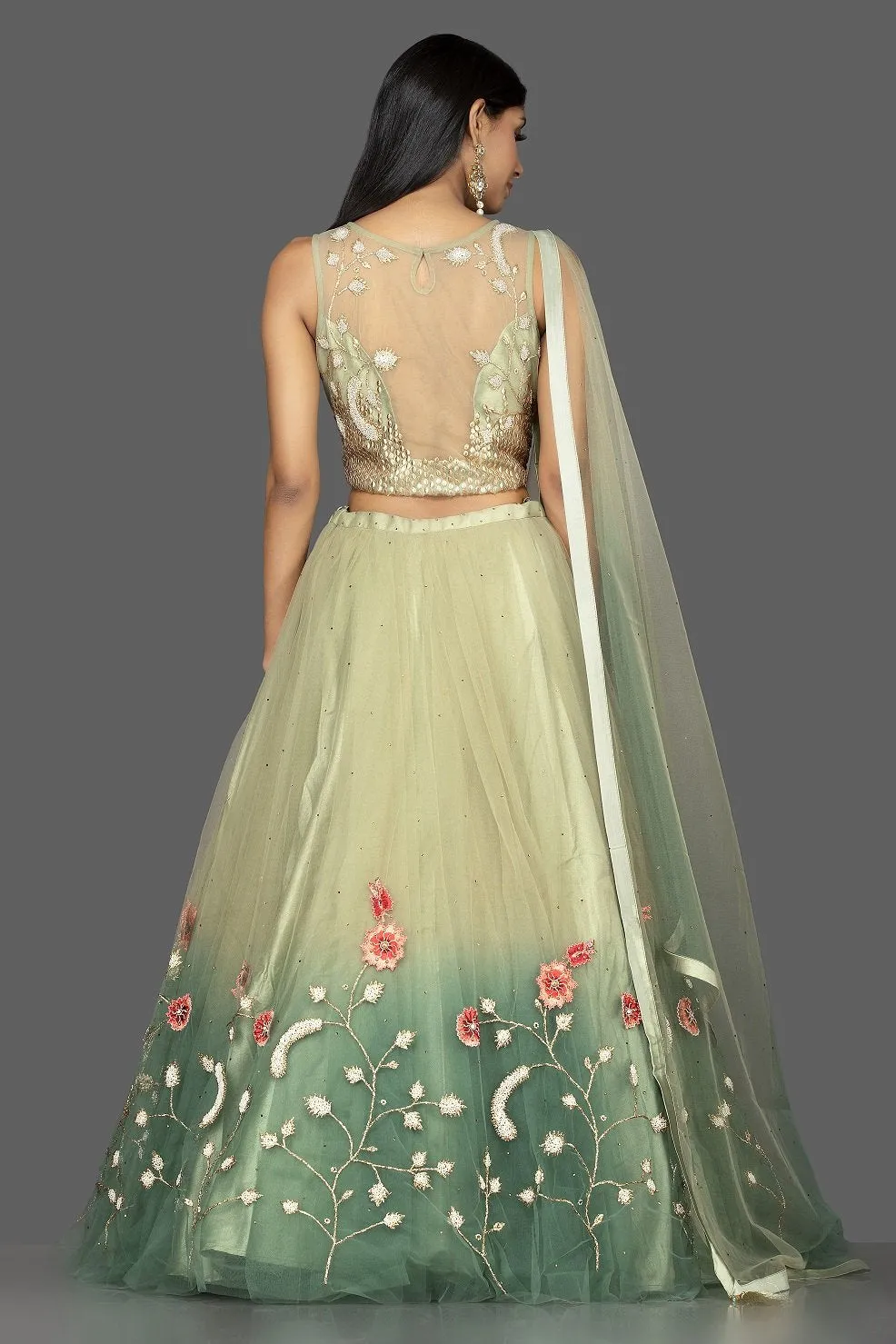 300466 Ombre Green Embroidered Net Lehenga with Dupatta