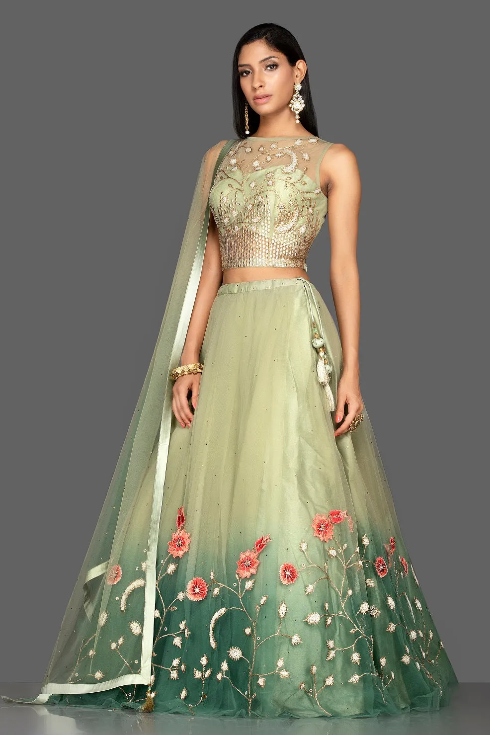 300466 Ombre Green Embroidered Net Lehenga with Dupatta