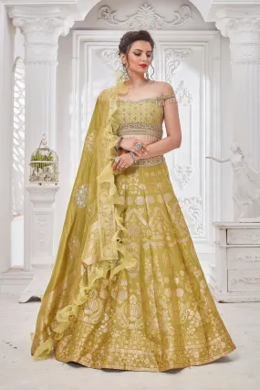 300555-A Yellow Embroidered Designer Lehenga with Ruffle Dupatta