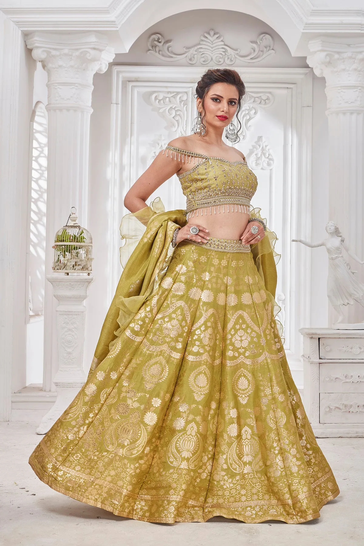 300555-A Yellow Embroidered Designer Lehenga with Ruffle Dupatta