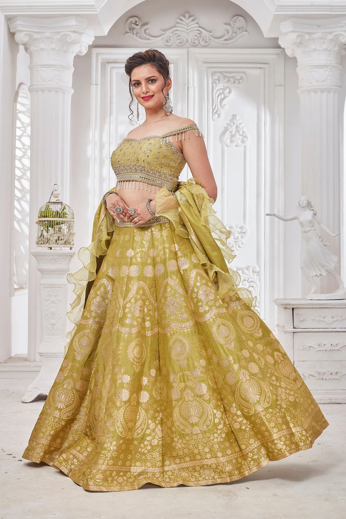 300555-A Yellow Embroidered Designer Lehenga with Ruffle Dupatta