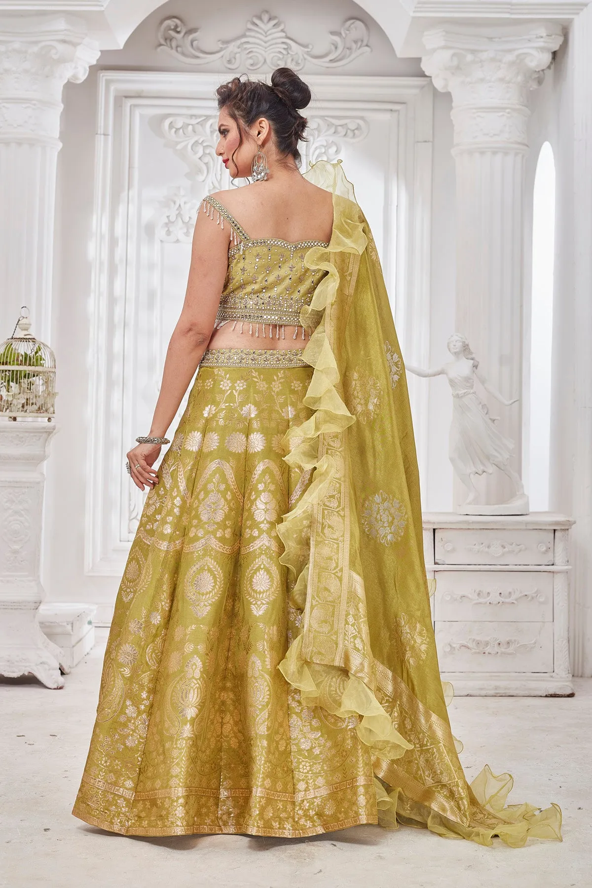 300555-A Yellow Embroidered Designer Lehenga with Ruffle Dupatta