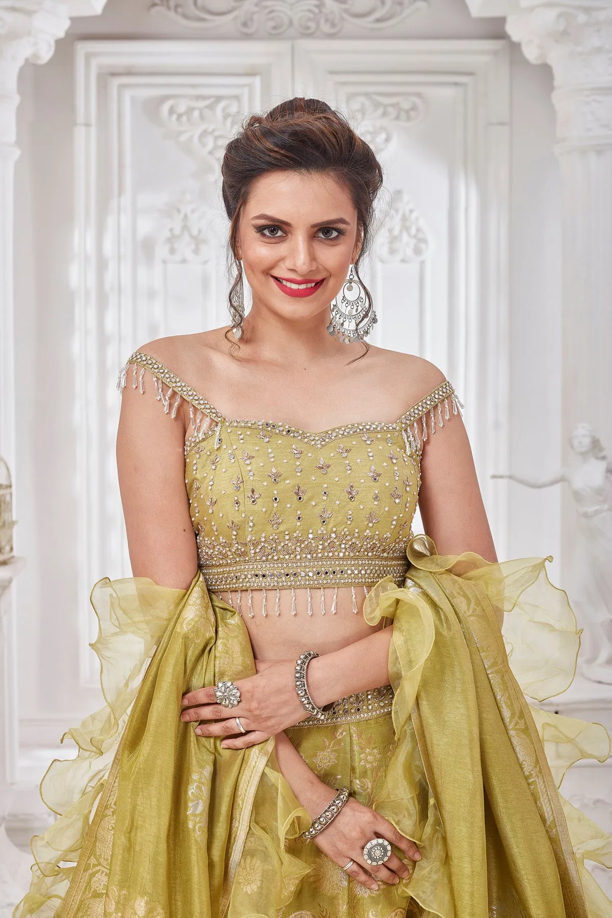 300555-A Yellow Embroidered Designer Lehenga with Ruffle Dupatta