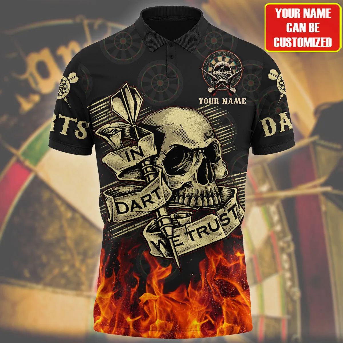 3D All Over Print Skull Dart Polo Shirt, Custom Name Darts Unisex Shirt for Man Women, In Dart We Trust Polo Shirt