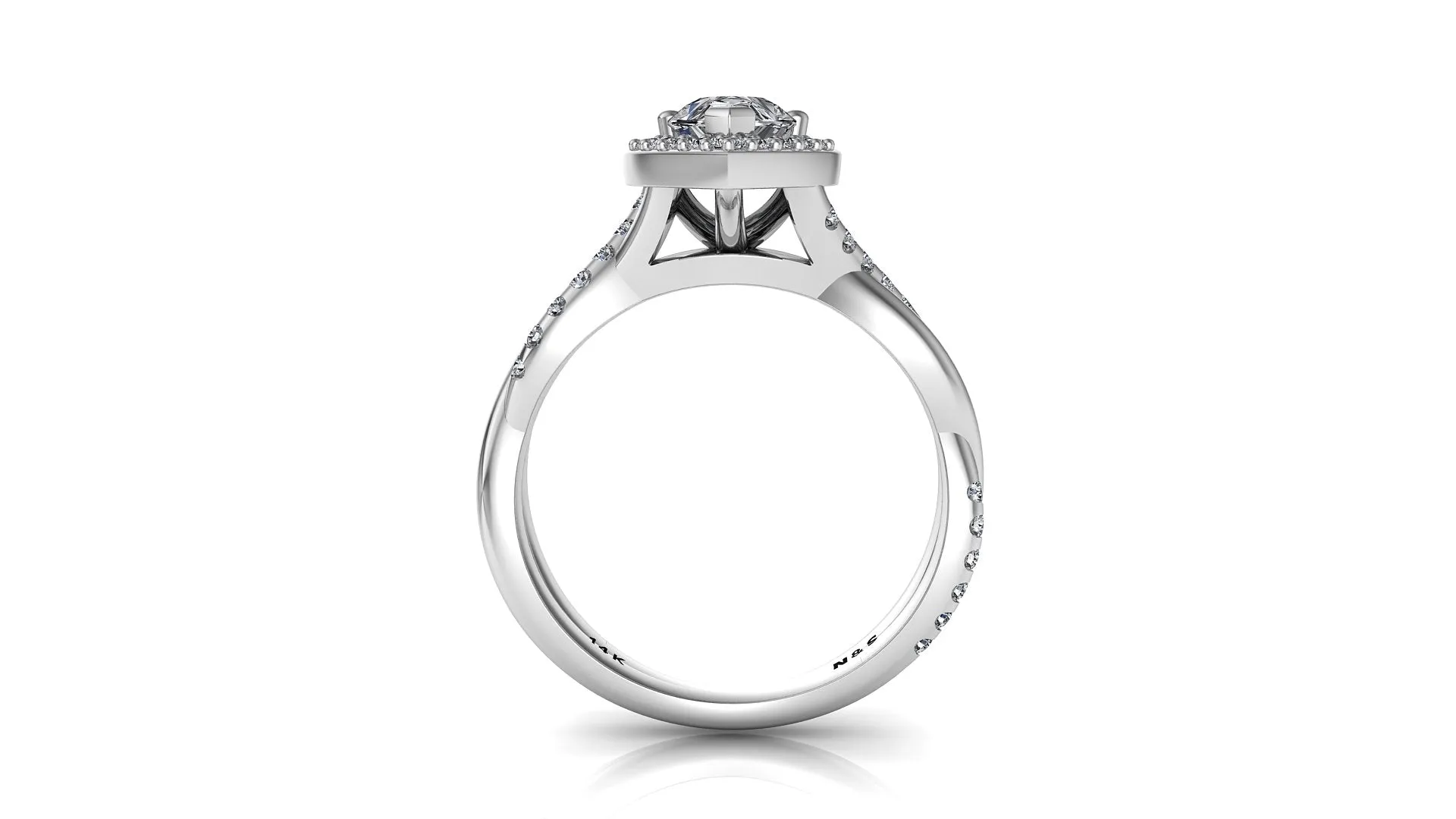 7x5mm (0.70ct) Kylie ForeverOne Halo Pear Moissanite Half Twist 14K Diamond Engagement Ring MOENG049