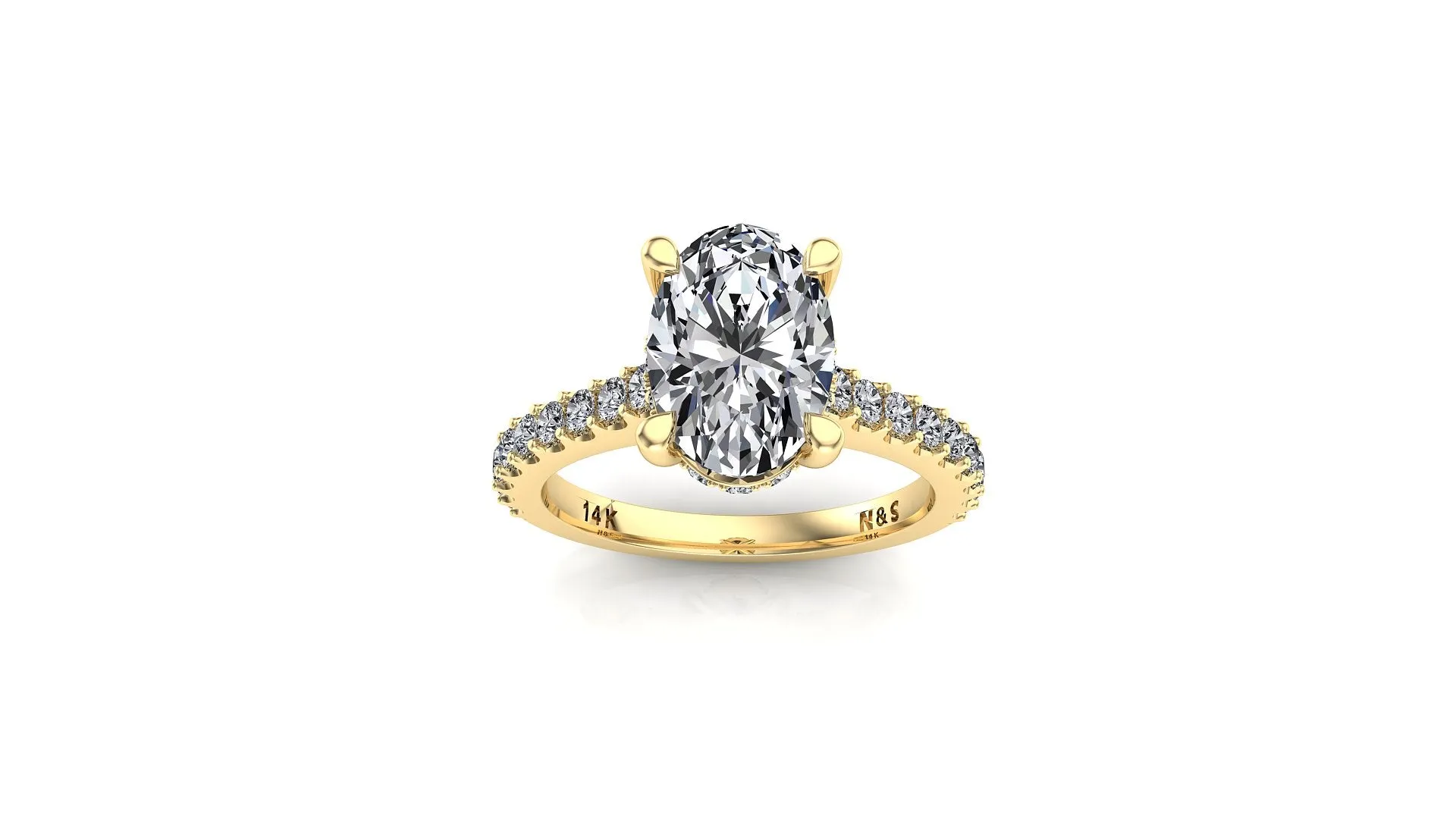 9x7mm (2.10ct) ForeverOne Oval Moissanite Under Halo in 2.0mm Jennifer Diamond Engagement Ring 14K Gold MOENG033