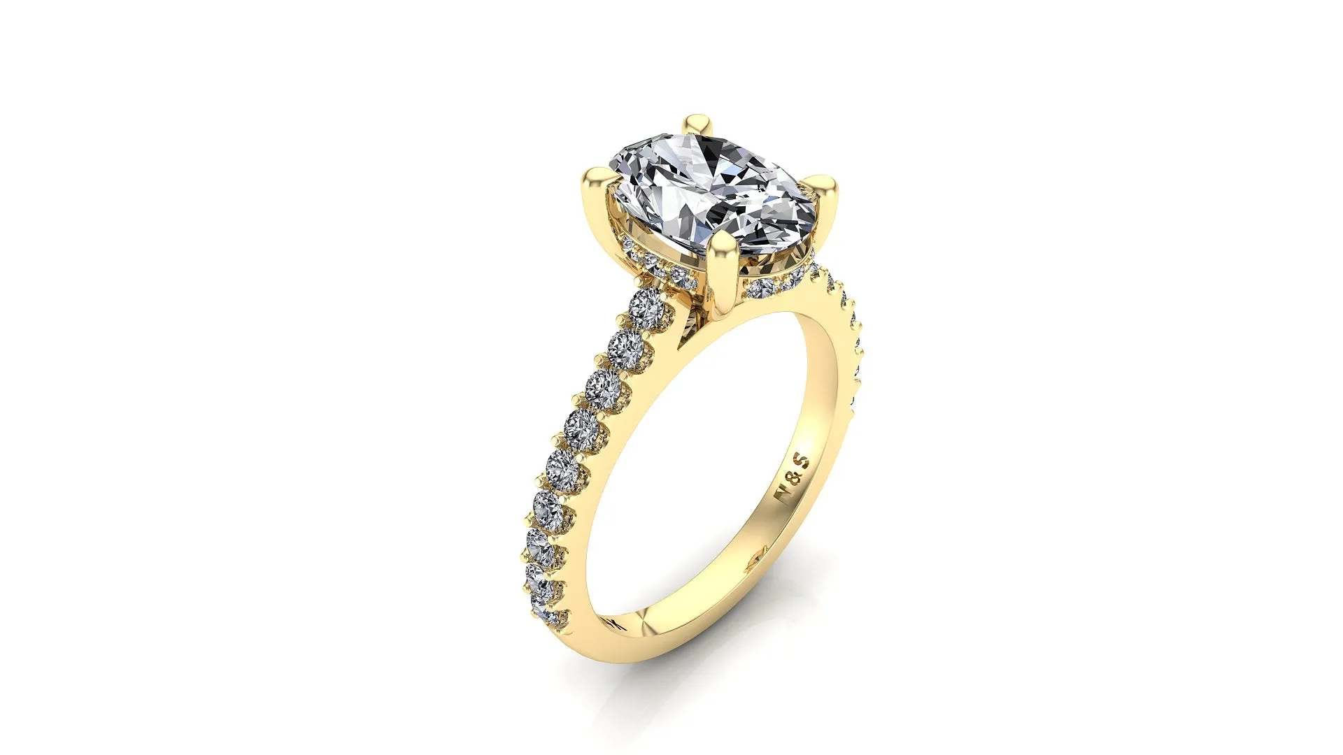 9x7mm (2.10ct) ForeverOne Oval Moissanite Under Halo in 2.0mm Jennifer Diamond Engagement Ring 14K Gold MOENG033