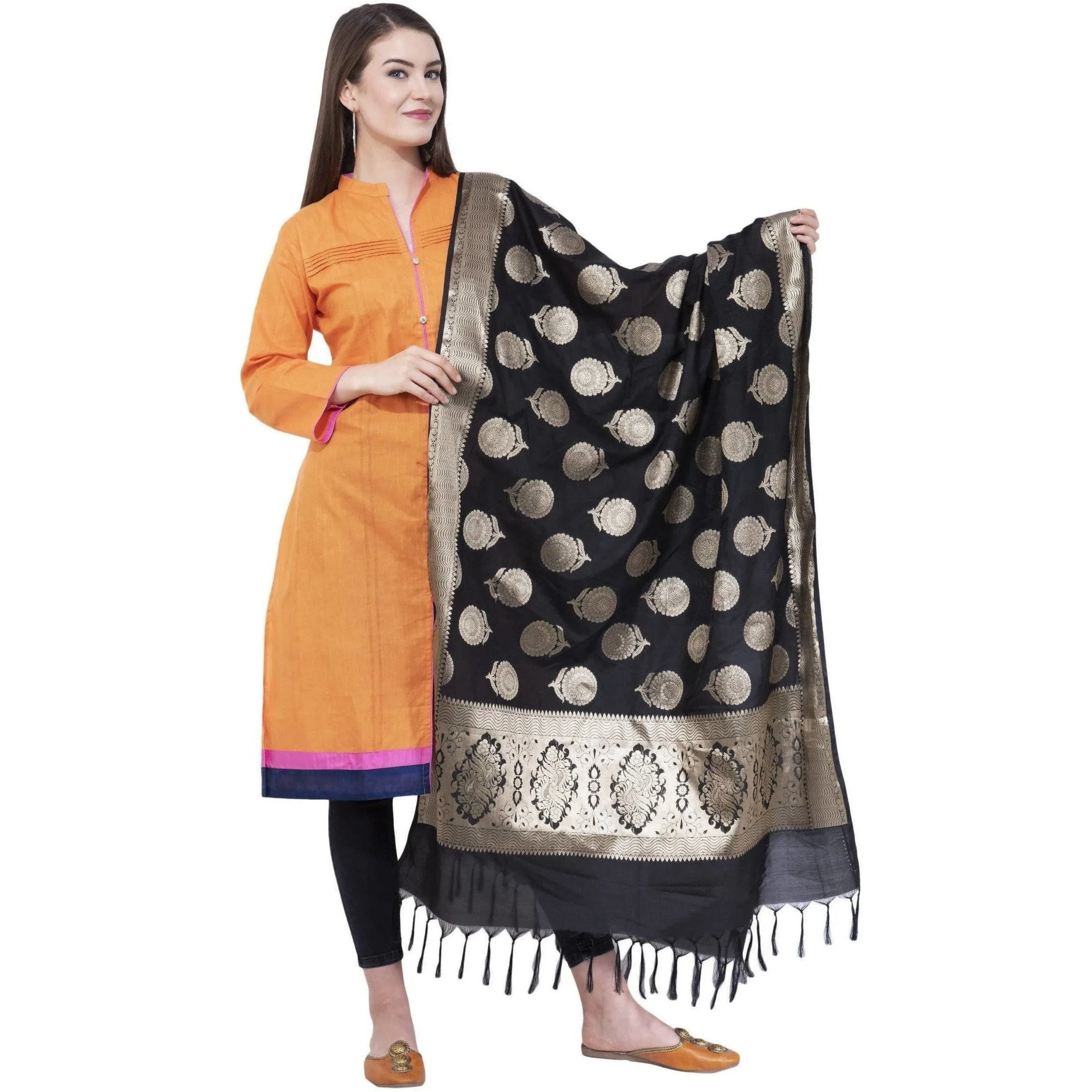 A R Silk Women's Zari Embroidery Vanarsi Silk Black Chunni