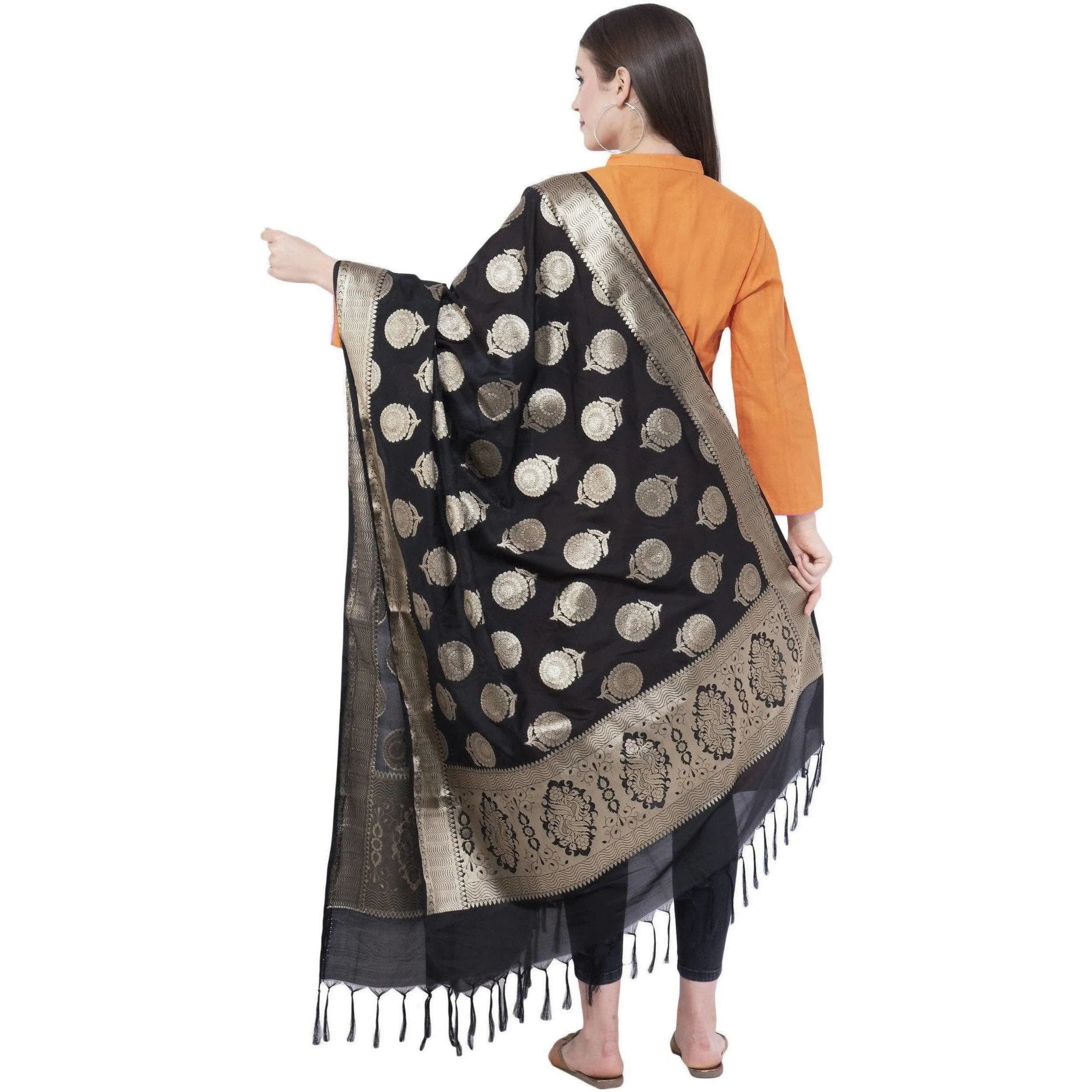 A R Silk Women's Zari Embroidery Vanarsi Silk Black Chunni