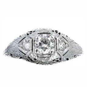 Art Deco 18K White Gold 0.45 Carat Round Brilliant Diamond Engagement Ring