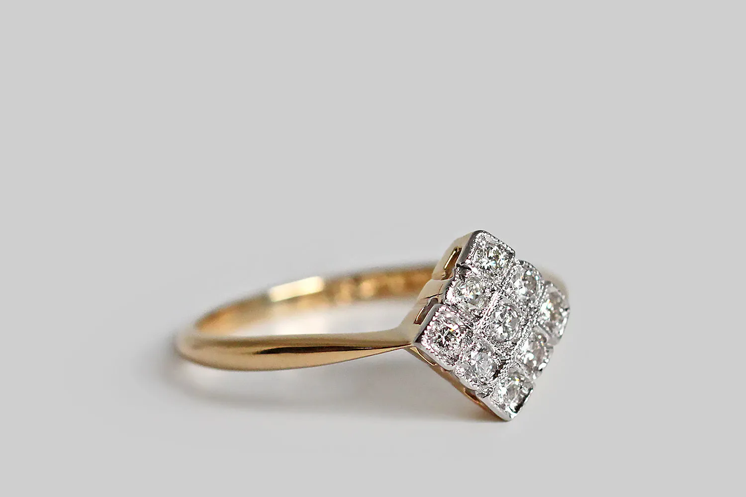 Art Deco Era 3x3 Diamond-shaped Diamond Cluster Ring in 18k Gold & Platinum