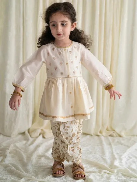 Baby Girl Chanderi Angrakha Suit Set Embroidered- Cream