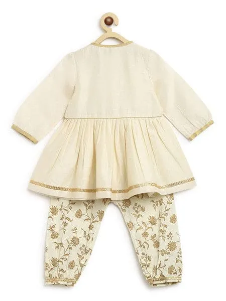 Baby Girl Chanderi Angrakha Suit Set Embroidered- Cream