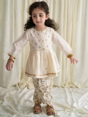 Baby Girl Chanderi Angrakha Suit Set Embroidered- Cream