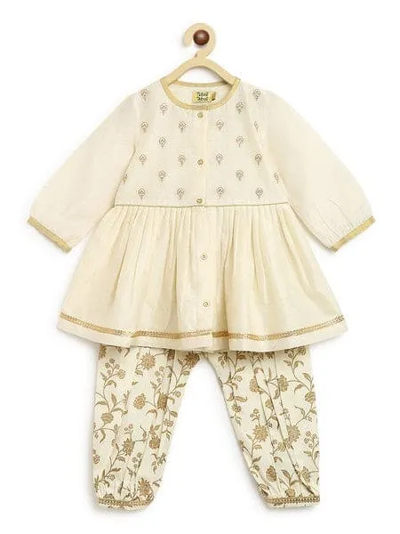 Baby Girl Chanderi Angrakha Suit Set Embroidered- Cream