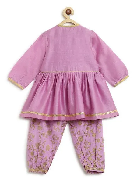 Baby Girl Chanderi Angrakha Suit Set Embroidered- Purple