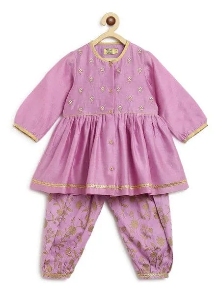 Baby Girl Chanderi Angrakha Suit Set Embroidered- Purple