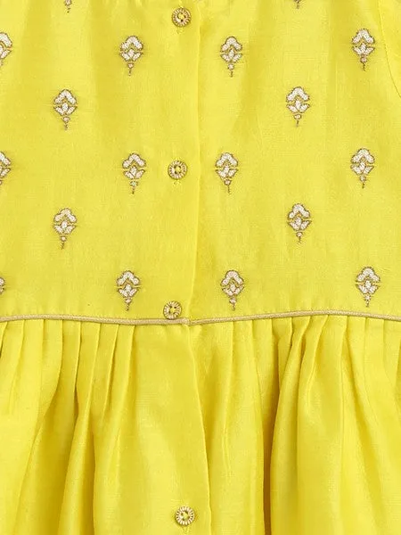 Baby Girl Chanderi Angrakha Suit Set Embroidered- Yellow