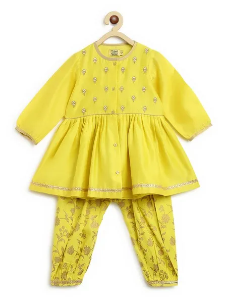 Baby Girl Chanderi Angrakha Suit Set Embroidered- Yellow