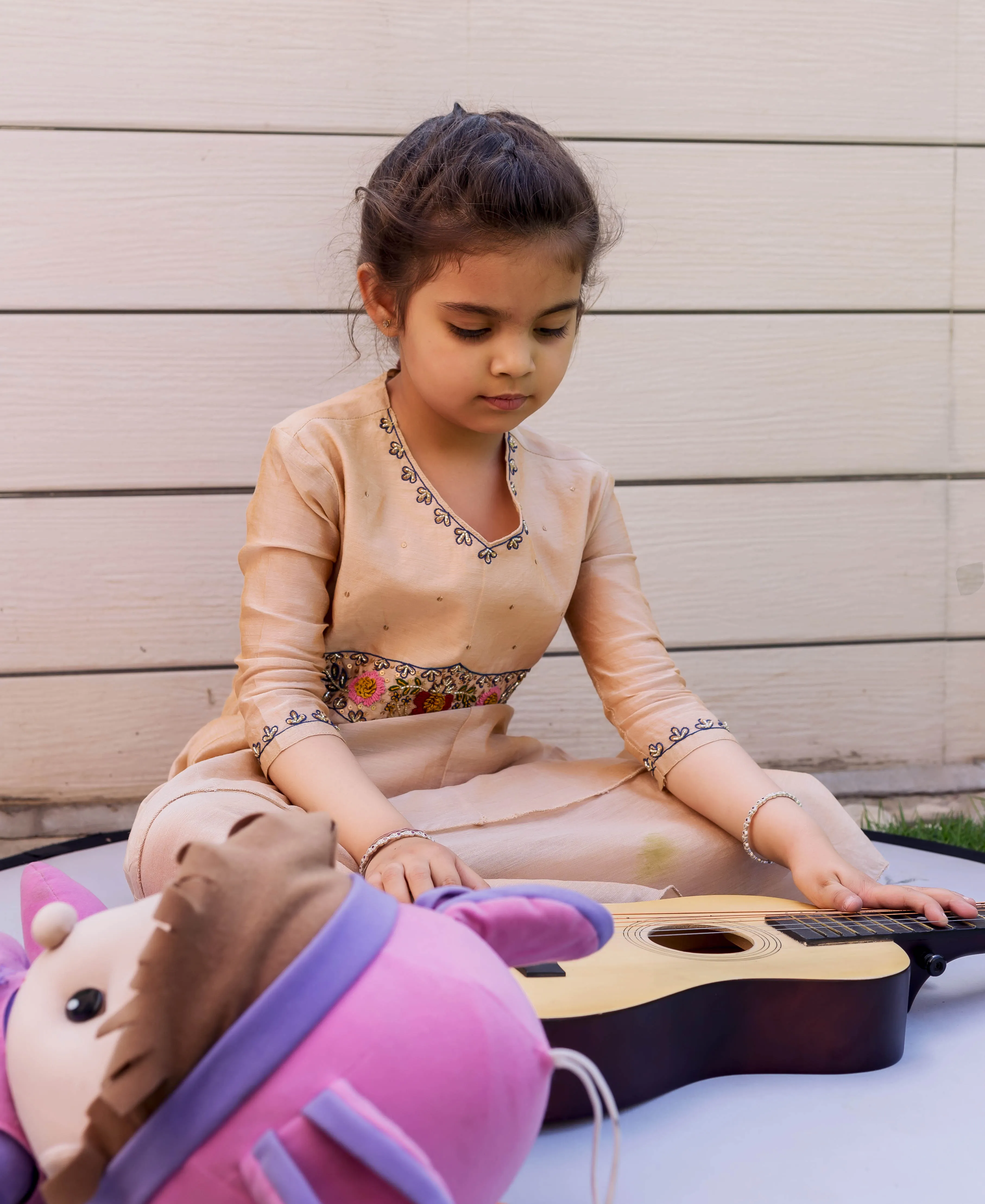 Beige Hand Embroidered Layered Dress for Baby Girl