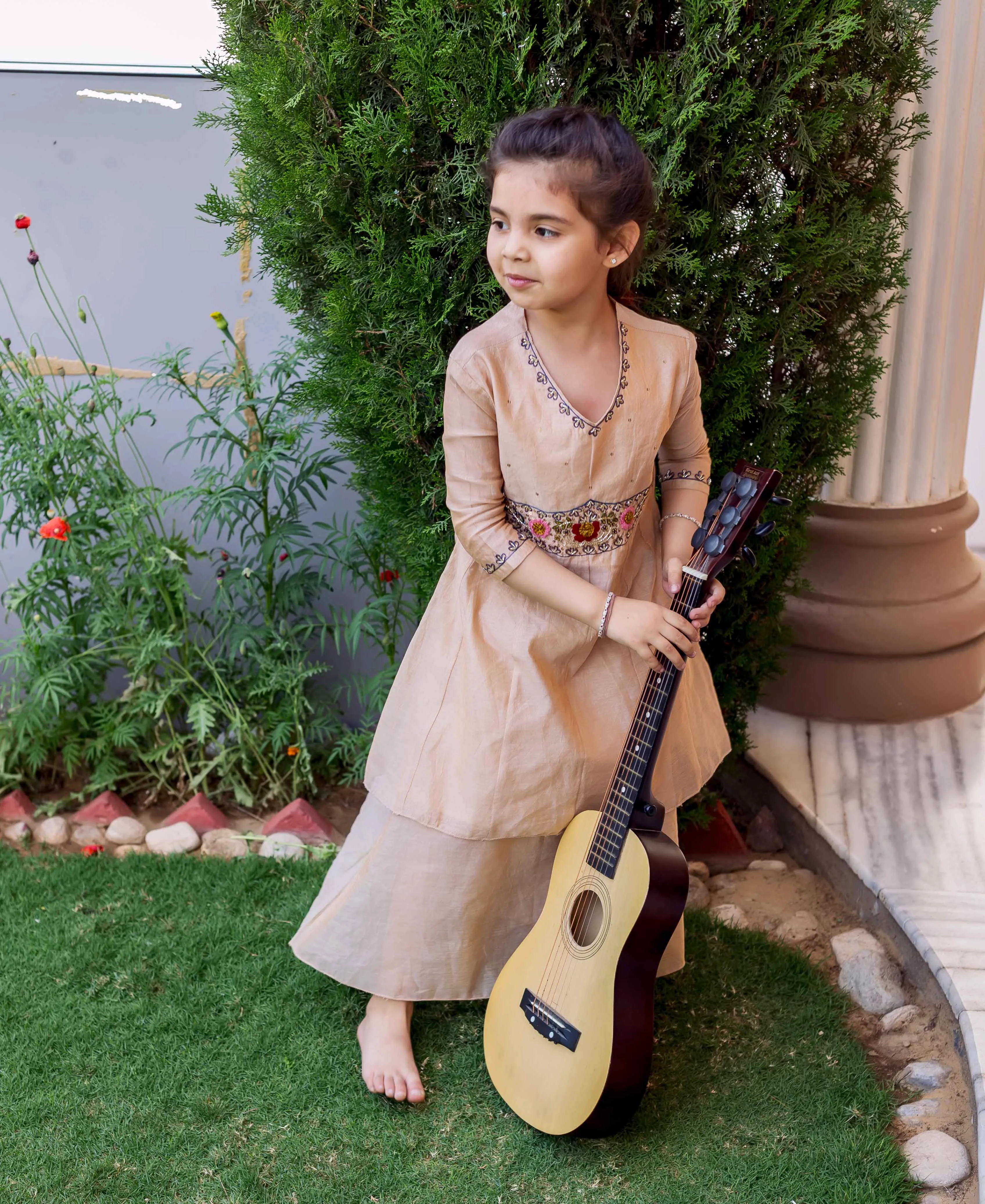 Beige Hand Embroidered Layered Dress for Baby Girl