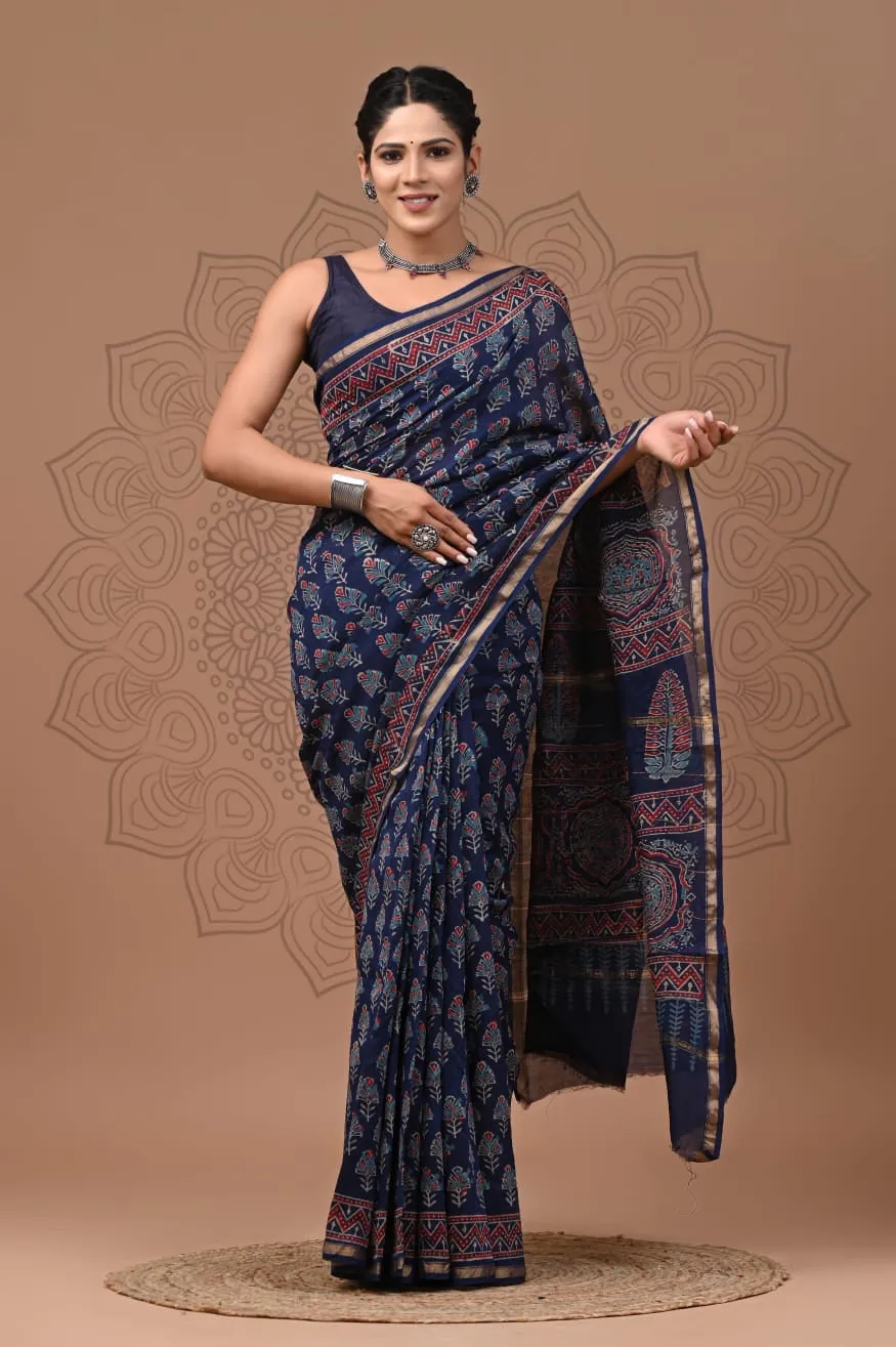 Blue  Chanderi Saree In Flora Print