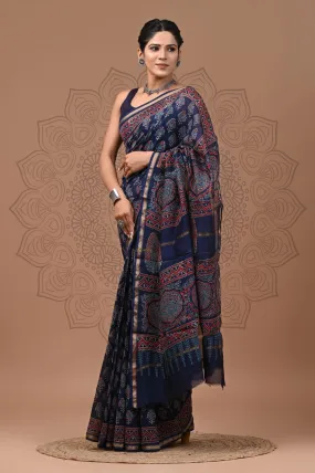 Blue  Chanderi Saree In Flora Print