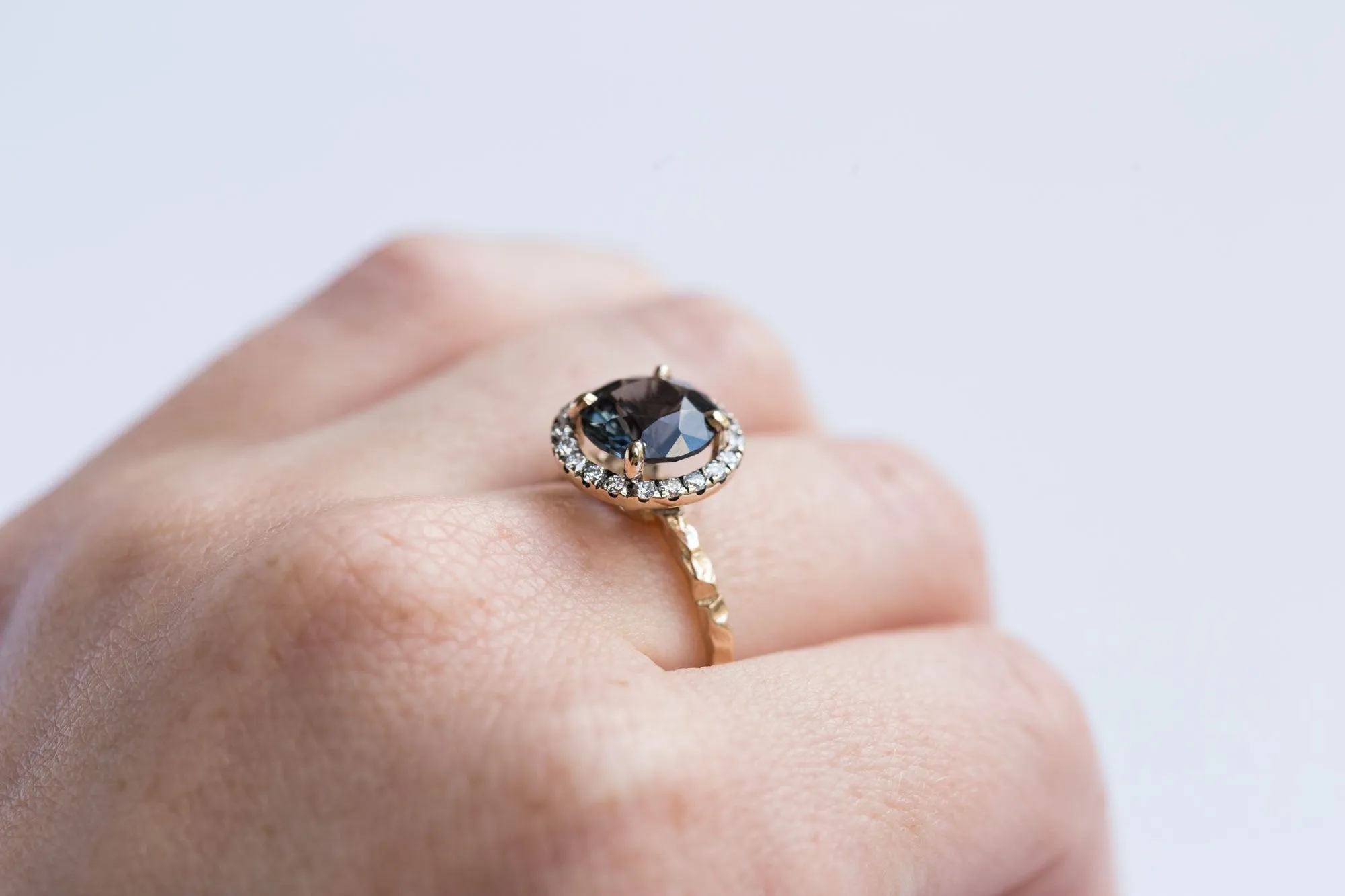 Blue Grey Spinel with Blackend Gold Diamond Halo - Antique Engagement Ring by Anueva Jewelry