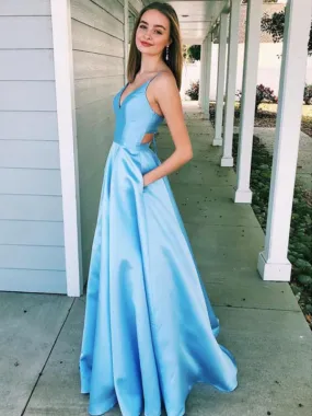 Blue Satin Sleeveless V-neck Lace Up Back A-line Senior Prom Dresses, DB1107