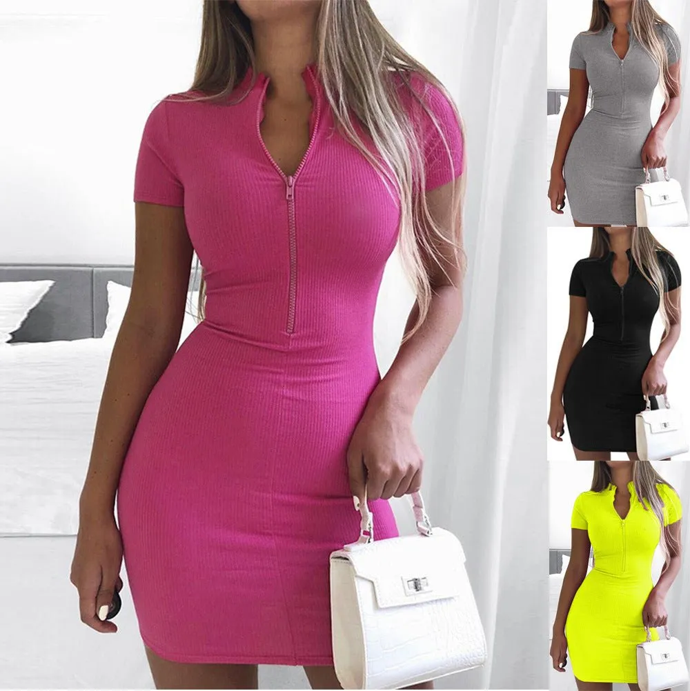 Body Con Short Sleeve Zip Up Mini Dress