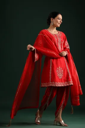 Bright Red Embellished Raw Silk Dhoti Pants Set