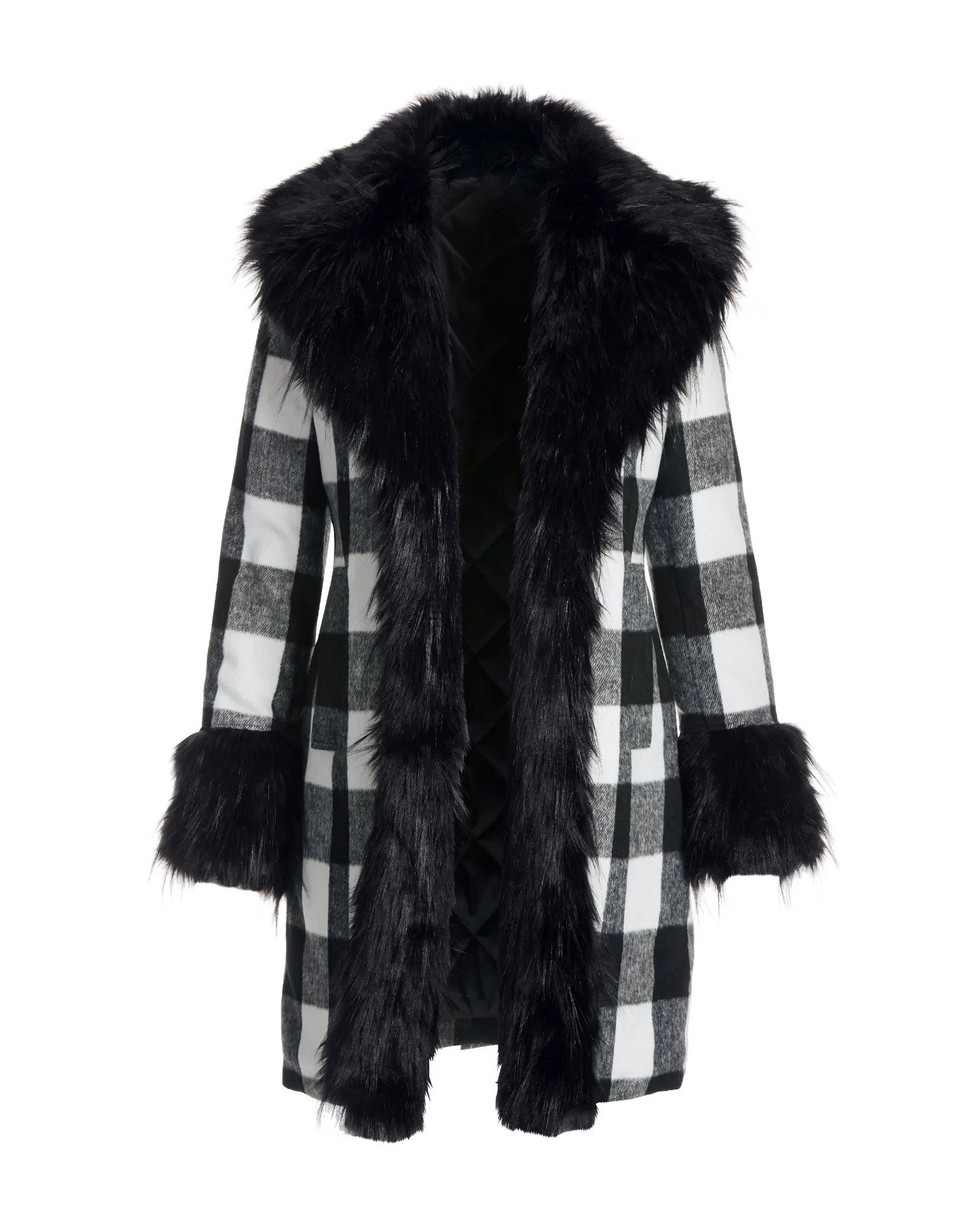 Buffalo Check Faux Fur Coat White/Black