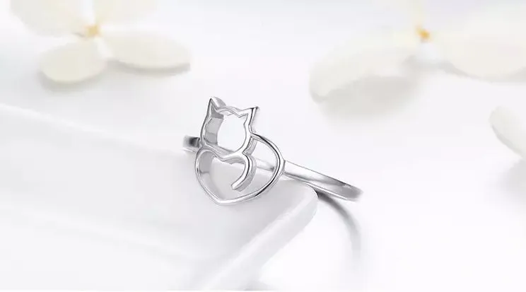 Cat Heart Ring in Solid 925 Sterling Silver