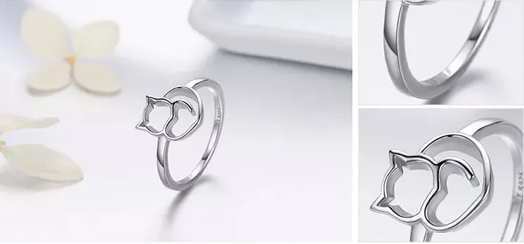 Cat Heart Ring in Solid 925 Sterling Silver